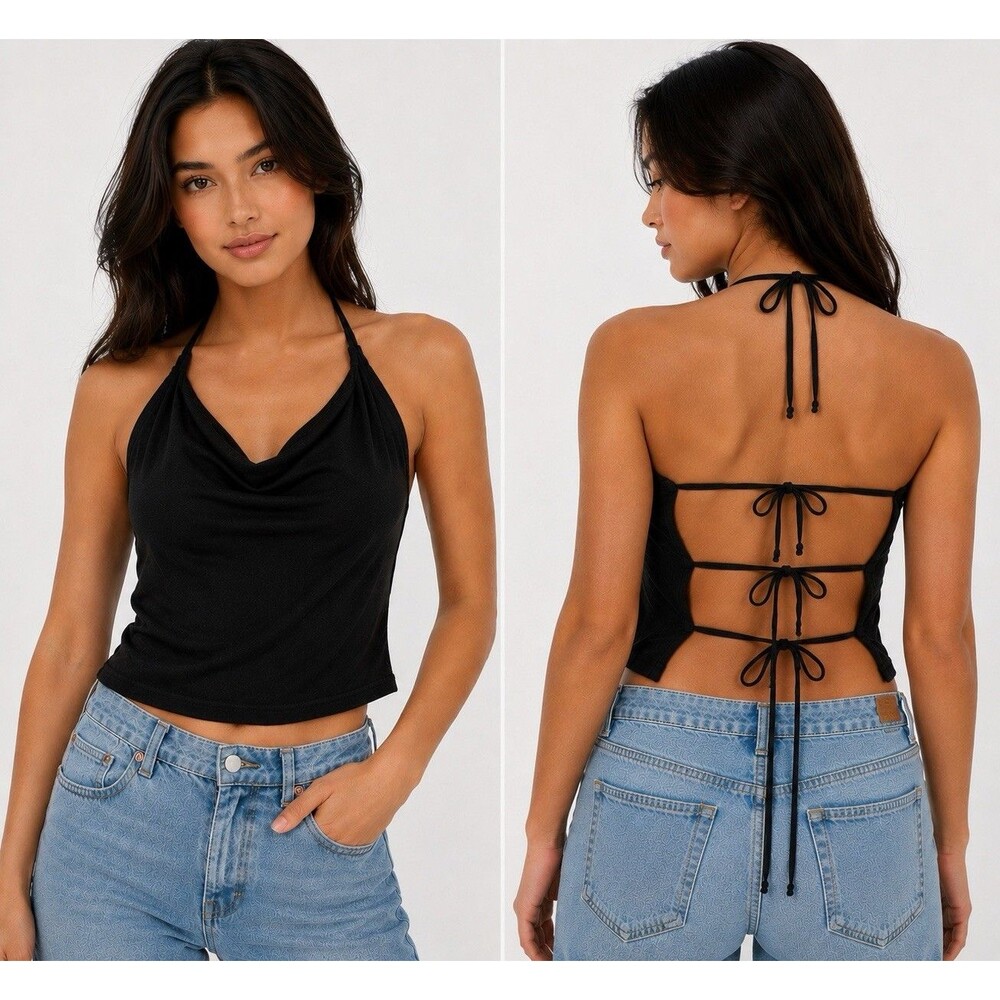 W Black Cowl Neck Crop Top Multi Tie Strappy Backless Y2K Going Out